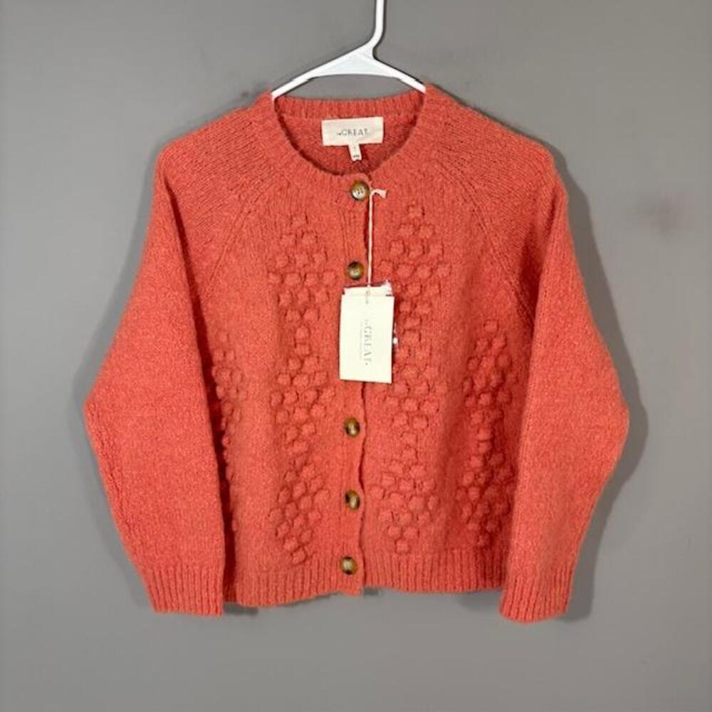 THE GREAT. Cardigan Sweater Womens 0 Red Alpaca Polyamide Crewneck Bobble Knit